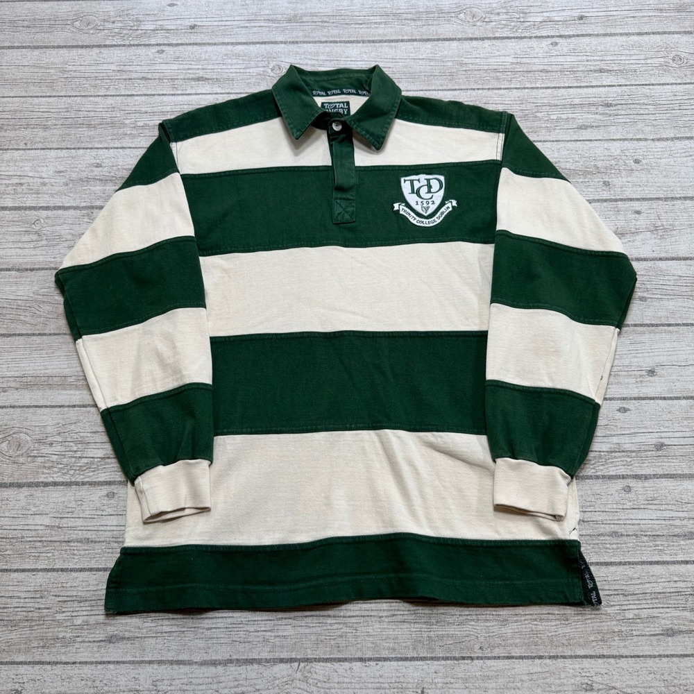 Vintage Trinity College Dublin Rugby Shirt Men's Medium Green Striped Athletic